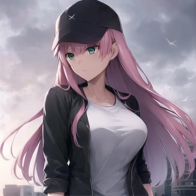 1girl, solo, digital art, long hair, solo, pink hair, zero two (darling in the franxx), hat, green eyes, shirt, jacket, white shirt, sky, baseball cap, cloud, open clothes, outdoors, breasts, black headwear,  medium breasts, bangs, floating hair, off shoulder, open jacket, wind, blush, upper body, black jacket, from behind,full body,transportation hub, helicopter landing pad, dynamic action scene, strong and confident female protagonist, ready to board a transport helicopter, dark and cloudy sky, strong winds, blowing hair and clothes, determined expression, backpack and equipment ready for adventure, helicopter blades whirling in motion, dust and debris flying around, creating a sense of excitement and urgency, capturing the adrenaline-fueled moment of a brave and capable woman embarking on a thrilling journey.