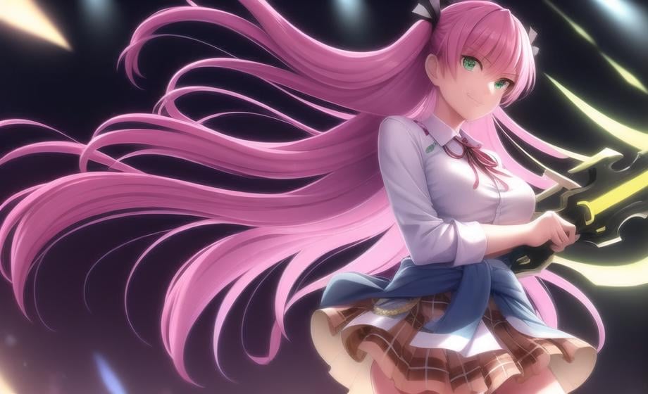 1girl, green eyes, long hair, solo, pink hair, skirt, clothes around waist, weapon, hand on hip, ribbon, smile, shirt, plaid skirt, breasts, holding, pleated skirt, plaid, white shirt, jacket around waist, blurry, sword, school uniform, sparks, floating hair, explosion scene