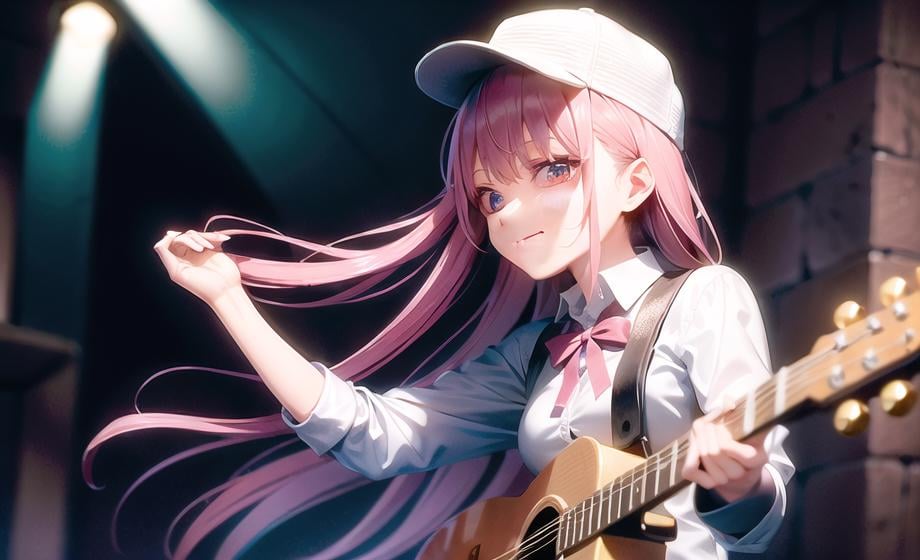 ((ultra-detailed)), ((illustration)), 2girlsAND ((ultra-detailed)), ((illustration)), 2girls, instrument, pink hair, solo, long hair, skirt, green eyes, guitar, clothes around waist, shirt, electric guitar, white shirt, smile, plaid skirt, two side up, pleated skirt, plaid, holding instrument, holding, nail polish, looking at viewer, school uniform, breasts, standing, bangs, plectrum, medium breasts, red ribbon, ribbon, jacket around waist, closed mouthAND ((ultra-detailed)), ((illustration)), 2girls, smile,navy cap