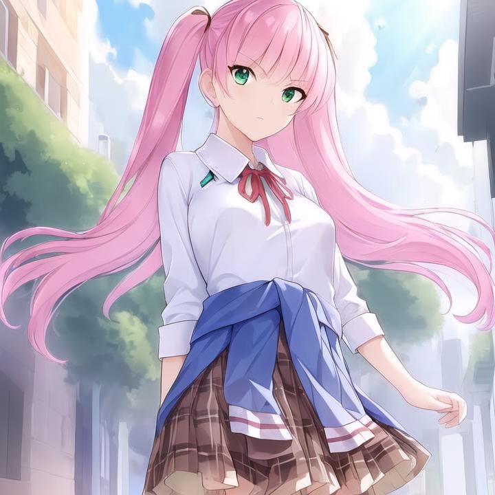 ((masterpiece)), (((best quality))), ((ultra-detailed)), ((illustration)), finely detail, extremely detailed CG unity 8k, highres, beautiful detailed eyes, finely detail, beautiful detailed eyes1girl, pink hair, solo, green eyes, skirt, long hair, twintails, shirt, socks,  clothes around waist, outdoors, white shirt, plaid, school uniform, sleeves rolled up,  breasts, collared shirt, ribbon, kneehighs, day, bangs, shoes, brown skirt, red ribbon, blue sky, pleated skirt, closed mouth, neck ribbon, blush, medium breasts,look up,park scene, big treeStanding, feet slightly apart, looking up at the sky, eyes closed, hands relaxed, standing in front of a big tree,full body,