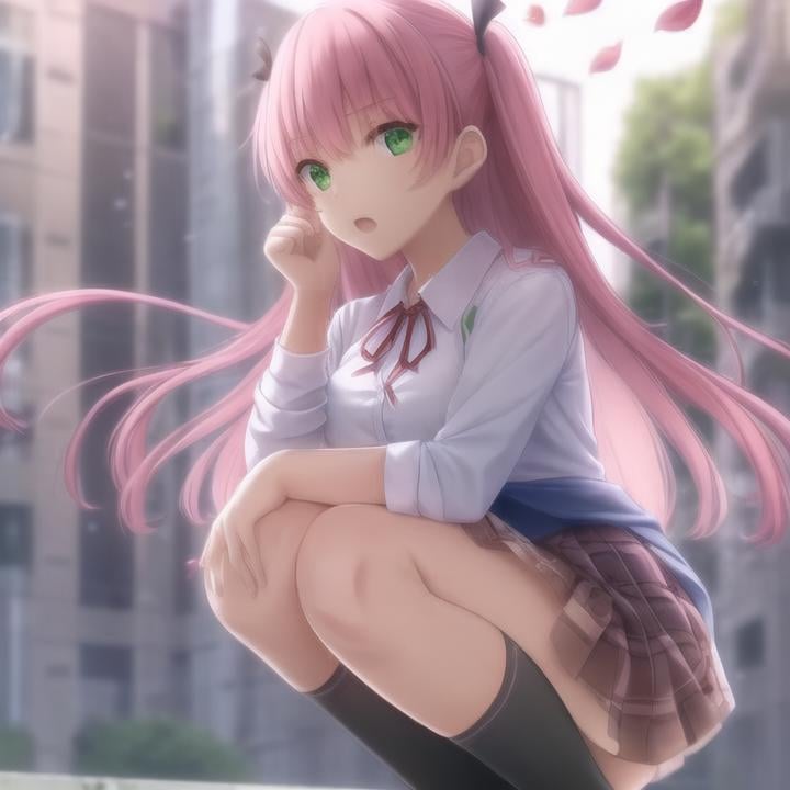 1girl, squatting, solo, long hair, pink hair, skirt, shirt, open mouth, socks, white shirt, outdoors, ribbon, shoes, plaid skirt, clothes around waist, kneehighs, plaid, loafers, collared shirt, black socks, neck ribbon, green eyes, bangs, school uniform, full body, fence, long sleeves, brown skirt, petals, looking at viewer, red ribbon, brown footwear, pleated skirt, day, two side up, breasts, miniskirt, hair between eyes, jacket, hair ribbon, jacket around waist, flower, black ribbon, chain-link fence, blurry, medium breasts, aqua eyes,hold the phone in the right hand