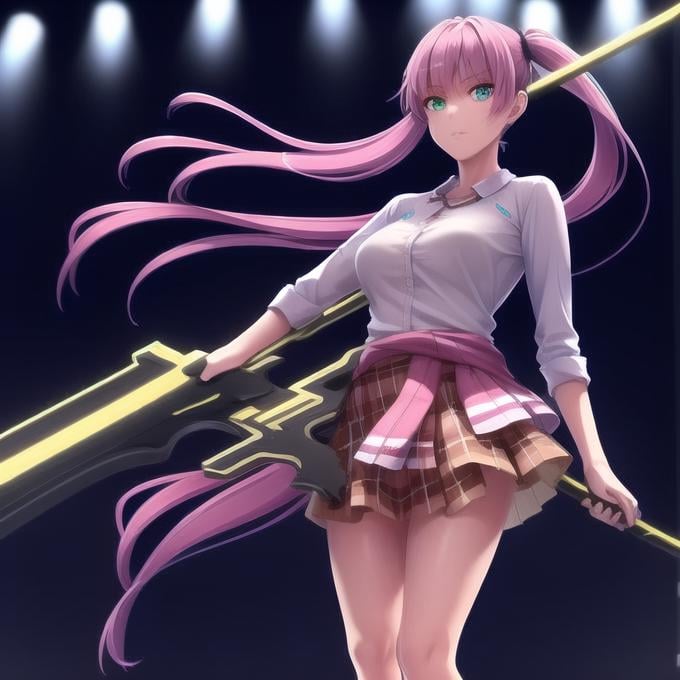 1girl, green eyes, weapon, shirt, pink hair, skirt, solo, holding, white shirt, ponytail, long hair, holding weapon, breasts, bangs, sandals, pink shirt, pink skirt, polearm, looking at viewer, arms up, cinematic angle,, ((masterpiece)), (((best quality))), ((ultra-detailed)), ((illustration)), finely detail, extremely detailed CG unity 8k, highres, beautiful detailed eyes, finely detail, beautiful detailed eyes