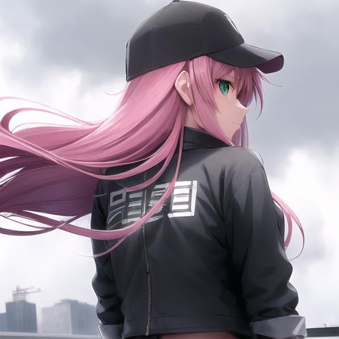 1girl, solo, digital art, long hair, solo, pink hair, zero two (darling in the franxx), hat, green eyes, shirt, jacket, white shirt, sky, baseball cap, cloud, open clothes, outdoors, breasts, black headwear,  medium breasts, bangs, floating hair, off shoulder, open jacket, wind, blush, upper body, black jacket, from behind,full body,transportation hub, helicopter landing pad, dynamic action scene, strong and confident female protagonist, ready to board a transport helicopter, dark and cloudy sky, strong winds, blowing hair and clothes, determined expression, backpack and equipment ready for adventure, helicopter blades whirling in motion, dust and debris flying around, creating a sense of excitement and urgency, capturing the adrenaline-fueled moment of a brave and capable woman embarking on a thrilling journey.