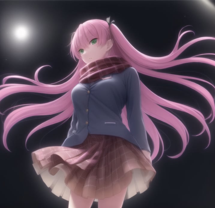 ((masterpiece)), (((best quality))), ((ultra-detailed)), ((illustration)), finely detail, extremely detailed CG unity 8k, highres, beautiful detailed eyes, finely detail, beautiful detailed eyes1girl, solo, long hair, green eyes, pink hair, skirt, looking at viewer, scarf, brown skirt, school uniform, ribbon, jacket, plaid, open mouth, signature, red scarf, bangs, socks, plaid skirt, long sleeves, hair ribbon, black socks, pleated skirt, breath, blush, two side up, blue jacket, snow, crouch down and look down