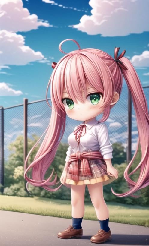 1girl, pink hair, solo, green eyes, skirt, long hair, twintails, shirt, socks, sky, clothes around waist, outdoors, cloud, fence, white shirt, hand on hip, looking at viewer, plaid skirt, plaid, school uniform, sleeves rolled up, chain-link fence, breasts, collared shirt, ribbon, kneehighs, day, bangs, shoes, brown skirt, red ribbon, blue sky, pleated skirt, closed mouth, neck ribbon, blush, medium breasts <lora:add_detail:1> <lora:blindbox_v1_mix:1> full body, chibi,