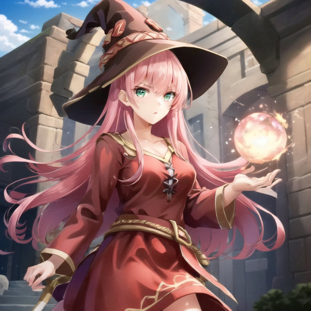 ((masterpiece)), (((best quality))), ((ultra-detailed)), ((illustration)), finely detail, extremely detailed CG unity 8k, highres, {beautiful detailed eyes}, finely detail,1girl, long hair, pink hair, green eyes, <lora:megustume-15:0.7> megustume, witch hat, red dress, long sleeve, holding a wand, castle, outdoors, 