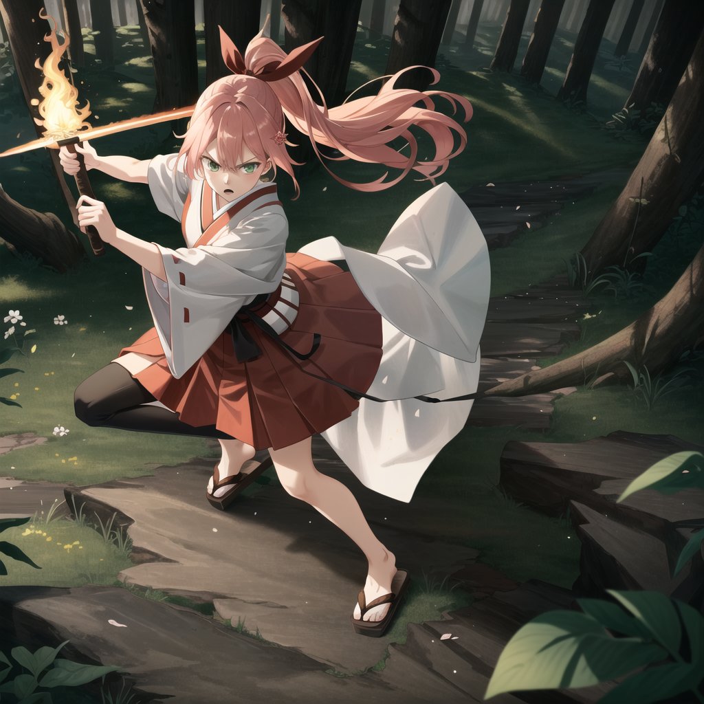 extremely detailed CG unity 8k wallpaper, realistic, hand by Guido Daniele, ponytail,1girl, pink hair, japanese clothes, solo, green eyes, skirt, hakama, long hair, wide sleeves, hakama skirt, standing, kimono, sandals, ribbon, looking at viewer, red hakama, hair ribbon, nontraditional miko, miko, in the forest at night, holding a flaming sword,, nice hands, perfect hands, <lyco:GoodHands-beta2:1.0> , top view, angry expression