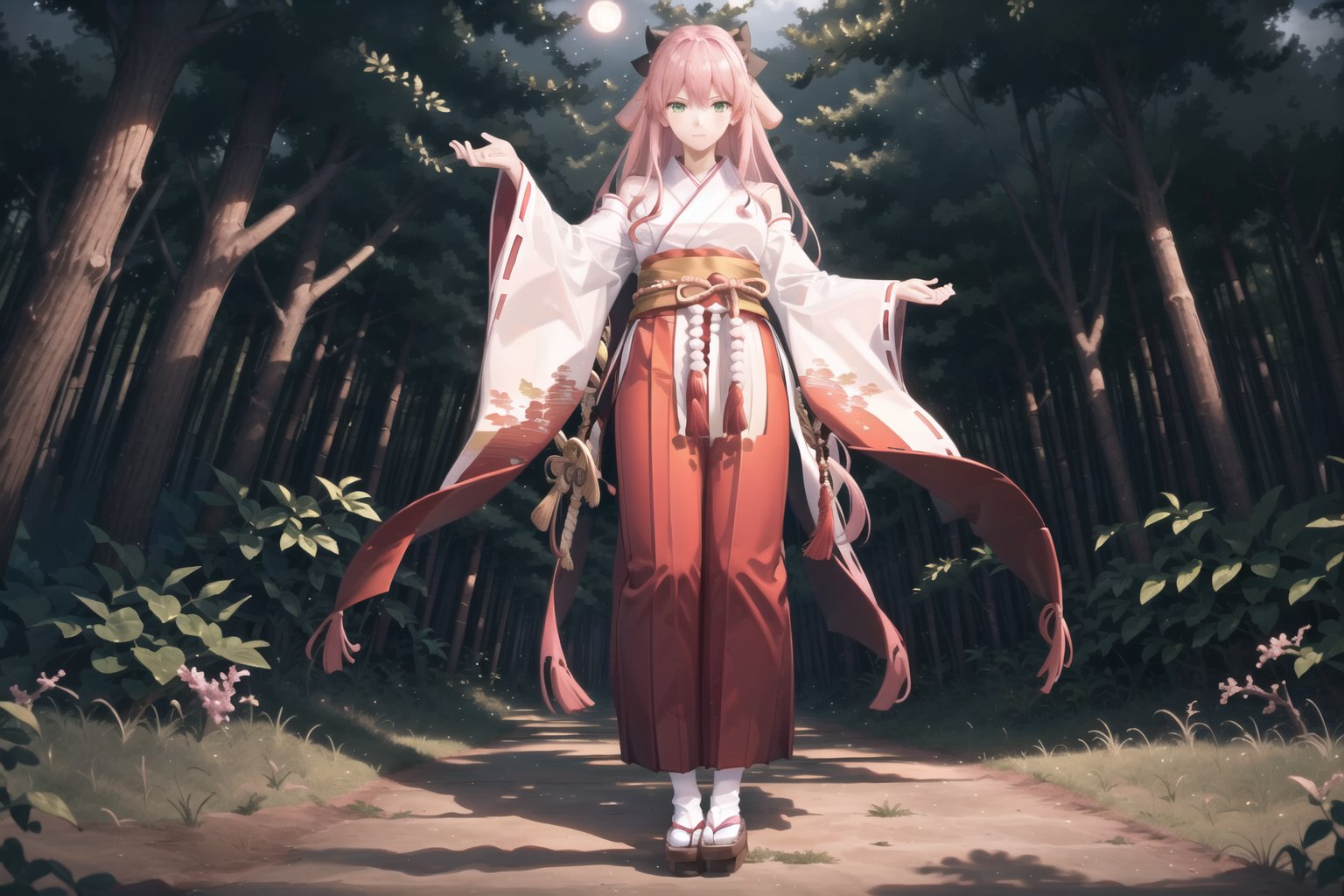 extremely detailed CG unity 8k wallpaper, realistic, hand by Guido Daniele,pink hair, green eyes,1girl, pink hair, japanese clothes, solo, green eyes, skirt, hakama, long hair, wide sleeves, hakama skirt, standing, kimono, sandals, ribbon, looking at viewer, red hakama, hair ribbon, nontraditional miko, miko, in the forest at night, full body,, nice hands, perfect hands, <lyco:GoodHands-beta2:1.0>