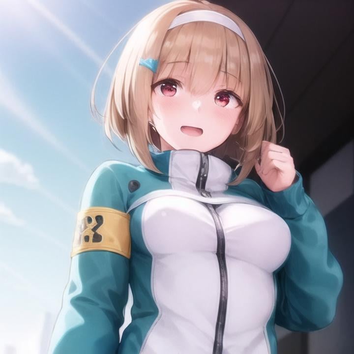 1girl, solo, hair ornament, arms up, bangs, breasts, jacket, long sleeves, hairband, looking at viewer, blush, open mouth, upper body, short hair, hairclip, red eyes, brown hair, cloud, light brown hair, medium breasts, from below, armband, white hairband, belt, large breasts, blunt bangs,down view, upskirt, hand up, 