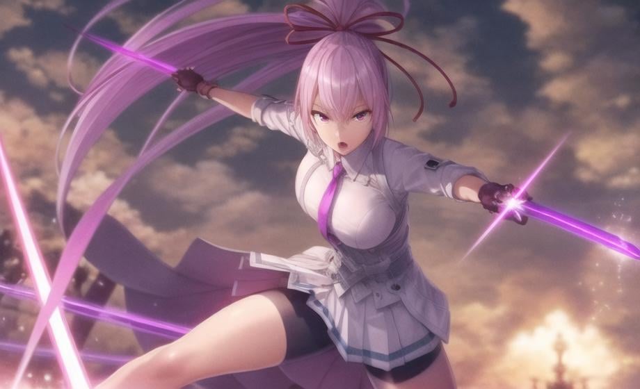 ((masterpiece)), (((best quality))), ((ultra-detailed)), ((illustration)), finely detail, extremely detailed CG unity 8k, highres, beautiful detailed eyes, finely detail, beautiful detailed eyes1girl, weapon, solo, sword, gloves, skirt, holding, fingerless gloves, open mouth, holding weapon, long hair, necktie, ribbon, ponytail, hair ribbon, holding sword, pleated skirt, black gloves, purple eyes, breasts, white skirt, purple necktie, miniskirt, long sleeves, shorts, bike shorts, shirt, hair between eyes, coat, outdoors, shiny, red ribbon, bangs, white coat, collared shirt, pink hair, white shirt, blurry, shorts under skirt, purple hair, large breasts, looking at viewer, shiny hair, wing collar, ruins, 