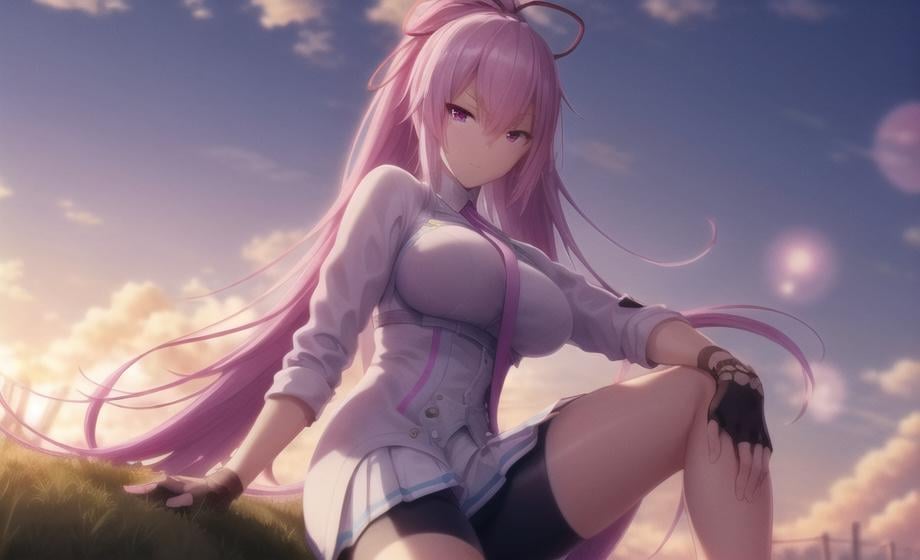 ((masterpiece)), (((best quality))), ((ultra-detailed)), ((illustration)), finely detail, extremely detailed CG unity 8k, highres, beautiful detailed eyes, finely detail, beautiful detailed eyes1girl, solo, long hair, gloves, sitting, ponytail, hair ribbon, ribbon, fingerless gloves, skirt, outdoors, looking at viewer, necktie, pink hair, breasts, shirt, bike shorts, cloud, black gloves, sky, white shirt, pleated skirt, sunset, shorts, grass, bangs, very long hair, pink eyes, closed mouth, white skirt, black shorts, lens flare, long sleeves, hair between eyes, miniskirt