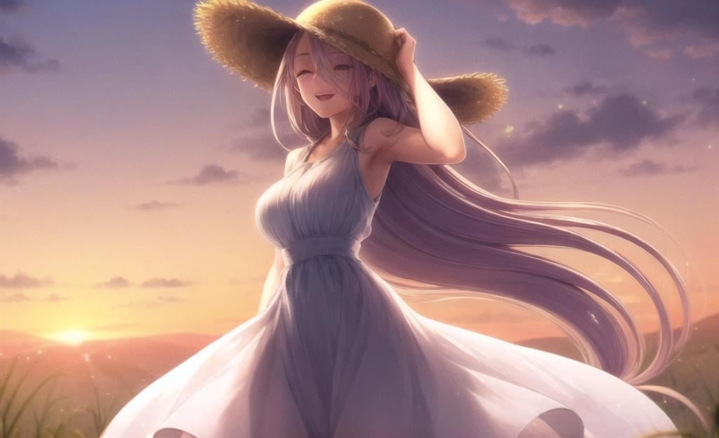 ((masterpiece)), (((best quality))), ((ultra-detailed)), ((illustration)), finely detail, extremely detailed CG unity 8k, highres, beautiful detailed eyes, finely detail, beautiful detailed eyes1girl, long hair, dress, hat, solo, closed eyes, low-tied long hair, purple hair, outdoors, open mouth, white dress, smile, straw hat, breasts, sky, very long hair, sleeveless, cloud, sundress, hand on headwear, sleeveless dress, sunset, :d, standing, wind, ear of rice, backlight