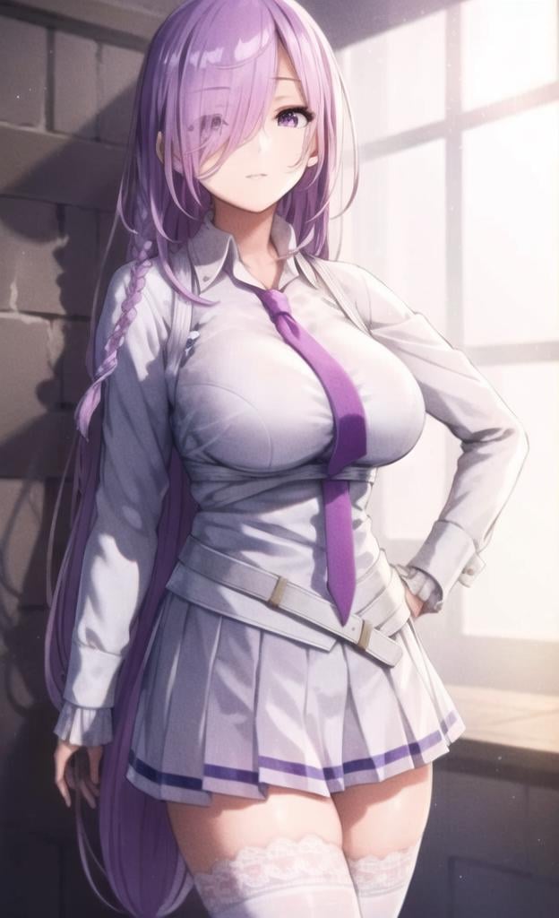 1girl, solo, thighhighs, long hair, skirt, necktie, very long hair, full body, hand on hip, breasts,  purple eyes, pleated skirt, shirt, standing, braid,  white thighhighs, large breasts, purple necktie, armband, shoes, looking at viewer, white skirt, purple hair, belt, long sleeves, hair over one eye, white shirt, bangs, lace-trimmed legwear, ribbon, closed mouth, collared shirt, lace, miniskirt, eyes visible through hair, hair ribbon, lace trim, school uniform, purple ribbon, ((masterpiece)), (((best quality))), ((ultra-detailed)), ((illustration)), finely detail, extremely detailed CG unity 8k, highres, beautiful detailed eyes, finely detail, beautiful detailed eyes,  <lora:lightAndShadow_v10:0.6> ,starry sky, moon ball, 