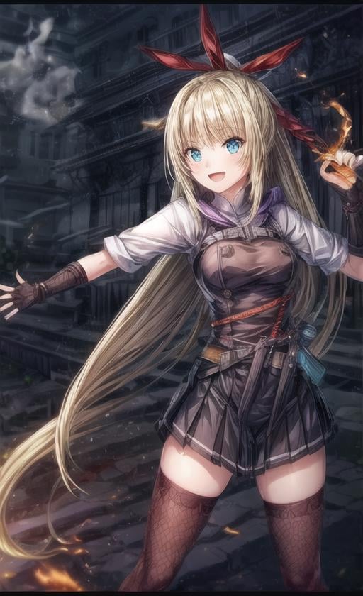 1girl, solo, burning, traditional Japanese architecture, thatched roof, wooden pillars, sliding doors, wooden floor, red-hot flames, smoke, ash, orange glow, debris, destruction, danger, weapon, long hair, blonde hair, solo, gloves, sword, fingerless gloves, holding, skirt, open mouth, smile, thighhighs, very long hair,  blue eyes, black skirt, looking at viewer, bangs, pleated skirt, hair ornament, :d, ribbon, belt, zettai ryouiki, red gloves, red headband, masterpiece, best quality, ultra-detailed, illustration, finely detail, extremely detailed CG unity 8k, highres, beautiful detailed eyes, finely detail, beautiful detailed eyes <lora:add_detail:2>