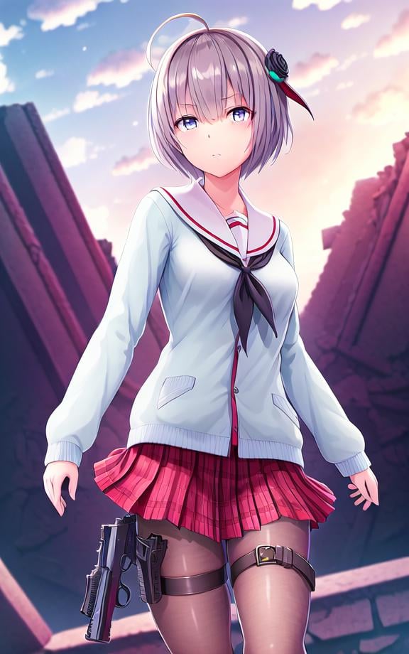 ((masterpiece)),(((best quality))), ((ultra-detailed)), ((illustration)), finely detail, extremely detailed CG unity 8k, highres, {beautiful detailed eyes}, finely detail,  beautiful detailed eyes, ((ruins)),1girl, solo, skirt, pantyhose, short hair, plaid skirt, plaid, purple eyes, full body, shoes, school uniform, ahoge, holster, hair ornament, looking at viewer, thigh holster, standing, thigh strap, loafers, pleated skirt,   white pantyhose, neckerchief, serafuku, red skirt, long sleeves, sailor collar, grey hair,right hand,holding a gun,move forward,action,barrel,pistol,grip,posture,lift