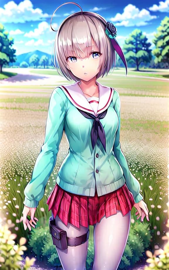 ((masterpiece)),(((best quality))), ((ultra-detailed)), ((illustration)), finely detail, extremely detailed CG unity 8k, highres, {beautiful detailed eyes}, finely detail,  beautiful detailed eyes, ((grasslands)),1girl, solo, skirt, pantyhose, short hair, plaid skirt, plaid, purple eyes, full body, shoes, school uniform, ahoge, holster, hair ornament, looking at viewer, thigh holster, standing, thigh strap, loafers, pleated skirt,   white pantyhose, neckerchief, serafuku, red skirt, long sleeves, sailor collar, grey hair 