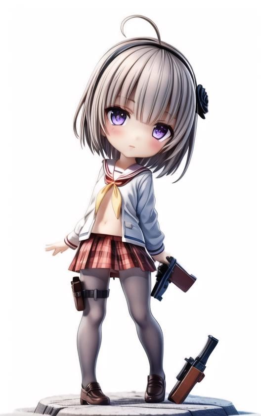 ((best quality)), ((masterpiece)), (detailed), highres,  beautiful detailed eyes, ruins,1girl, solo, skirt, pantyhose, short hair, plaid skirt, plaid, purple eyes, full body, shoes, school uniform, ahoge, holster, hair ornament, looking at viewer, thigh holster, standing, thigh strap, loafers, pleated skirt,   white pantyhose, neckerchief, serafuku, red skirt, long sleeves, sailor collar, grey hair,right hand,holding a gun,move forward,action,barrel,pistol,grip,posture,lift <lora:add_detail:1> <lora:blindbox_v1_mix:1.5> , chibi,