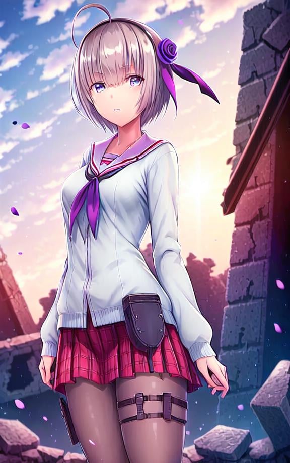 ((masterpiece)),(((best quality))), ((ultra-detailed)), ((illustration)), finely detail, extremely detailed CG unity 8k, highres, {beautiful detailed eyes}, finely detail,  beautiful detailed eyes, ((ruins)),1girl, solo, skirt, pantyhose, short hair, plaid skirt, plaid, purple eyes, full body, shoes, Powder blue school uniform, ahoge, gun holster, purple rose hair accessory, looking at viewer, thigh holster, standing, thigh strap, loafers, pleated skirt,   white pantyhose, neckerchief, serafuku, red skirt, long sleeves, sailor collar, grey hair,