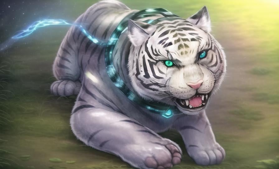 no humans, tiger, white tiger, solo, lying, necklace, animal, on stomach, animal focus, jewelry, blue eyes, glowing, white fur, looking at viewer, ((masterpiece)), (((best quality))), ((ultra-detailed)), ((illustration)), finely detail, extremely detailed CG unity 8k, highres, beautiful detailed eyes, finely detail, beautiful detailed eyes, There are scars on the face,