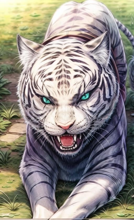 tiger, no humans, animal, looking at viewer, animal focus, green eyes, white tiger, blue eyes, colored sclera ,  <lora:add_detail:2>