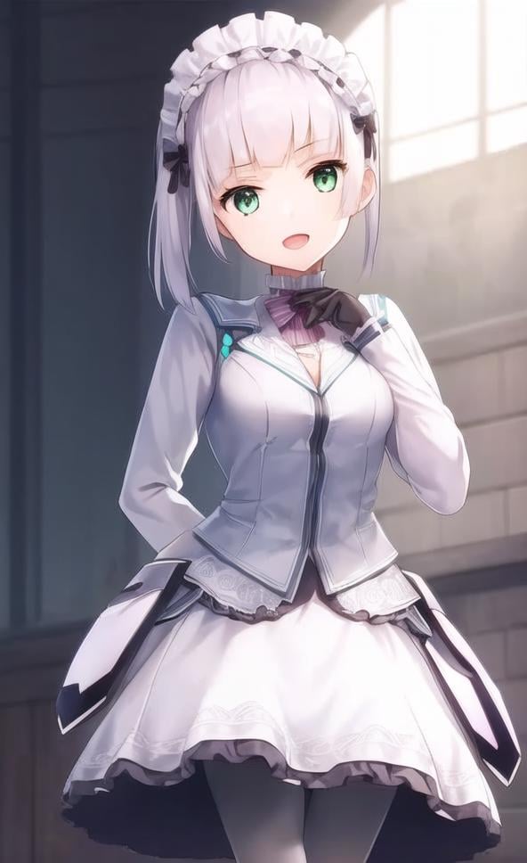 ((masterpiece)), (((best quality))), ((ultra-detailed)), ((illustration)), finely detail, extremely detailed CG unity 8k, highres, beautiful detailed eyes, finely detail, beautiful detailed eyes1girl, gloves, green eyes, solo, open mouth, pantyhose, white pantyhose, black gloves, white hair, maid headdress, smile, outdoors, skirt, long sleeves, white skirt, looking at viewer, breasts, bangs, day, sky,