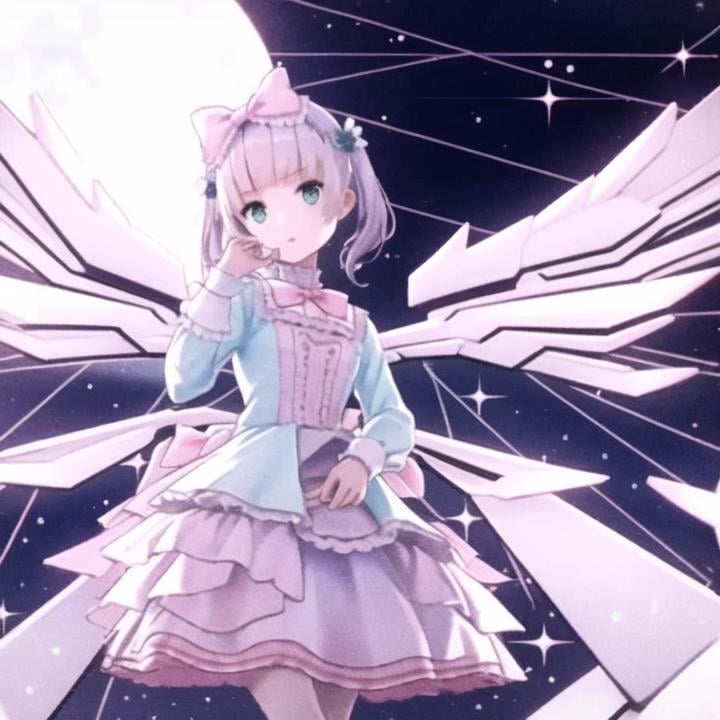 1girl, bow, dress, green eyes, stuffed toy, hair bow, wings, stuffed animal, solo, frills, mechanical wings, looking at viewer, frilled dress, pink bow, flower, bangs, sitting, long sleeves, pillow, blue dress, white hair, rose, white rose, window, braid, white flower, short hair, petals, moon, stuffed bunny