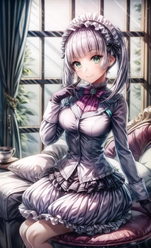 1girl, green eyes, solo, gloves, cup, smile, teacup, window, black gloves, twintails, sitting, grey hair, maid headdress, long hair, holding, blunt bangs, bow, hairband, tea, holding cup, lace-trimmed dress, <lora:add_detail:2>