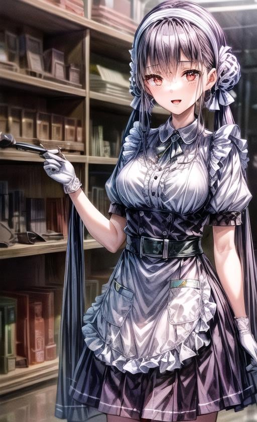 masterpiece, best quality, ultra-detailed, illustration, finely detail, extremely detailed CG unity 8k, highres, beautiful detailed eyes, finely detail, beautiful detailed eyes,smile, weapon shop,1girl, solo, long hair, twintails, red eyes, open mouth, purple hair, weapon, hairband, skirt, belt, gloves, apron <lora:add_detail:2>