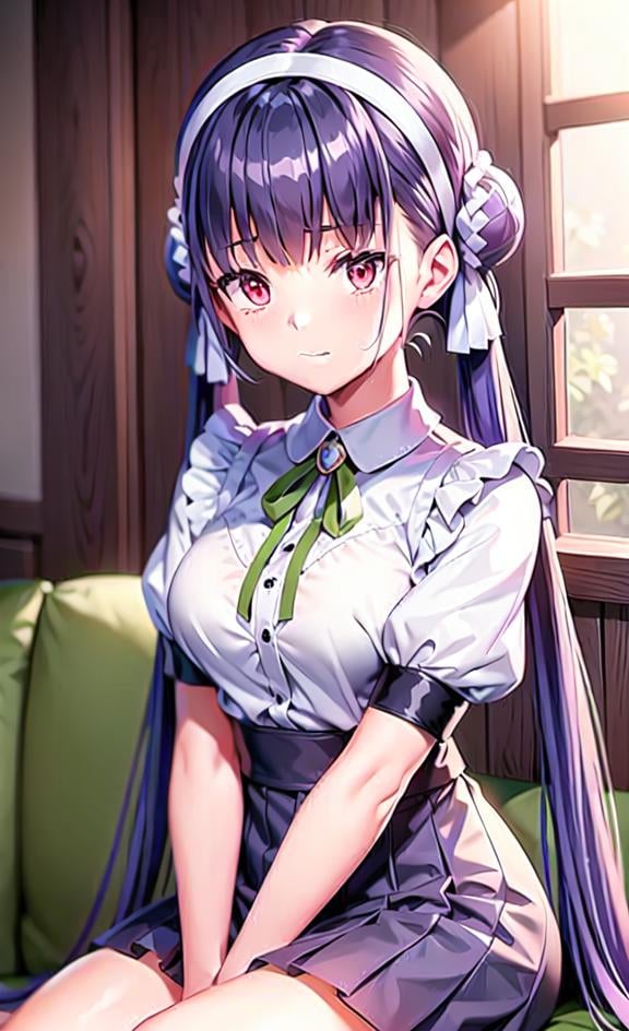 finely detail, extremely detailed CG unity 8k, (ultra-detailed)1girl, solo, skirt, long hair, short sleeves, shirt, looking at viewer, purple hair, book, black footwear, hair bun, white hairband, hairband, twintails, red eyes, shoes, white shirt, bangs, holding, bookshelf, puffy sleeves, pleated skirt, puffy short sleeves, long skirt, apron, very long hair, closed mouth, squatting, blurry, indoors, double bun, breasts