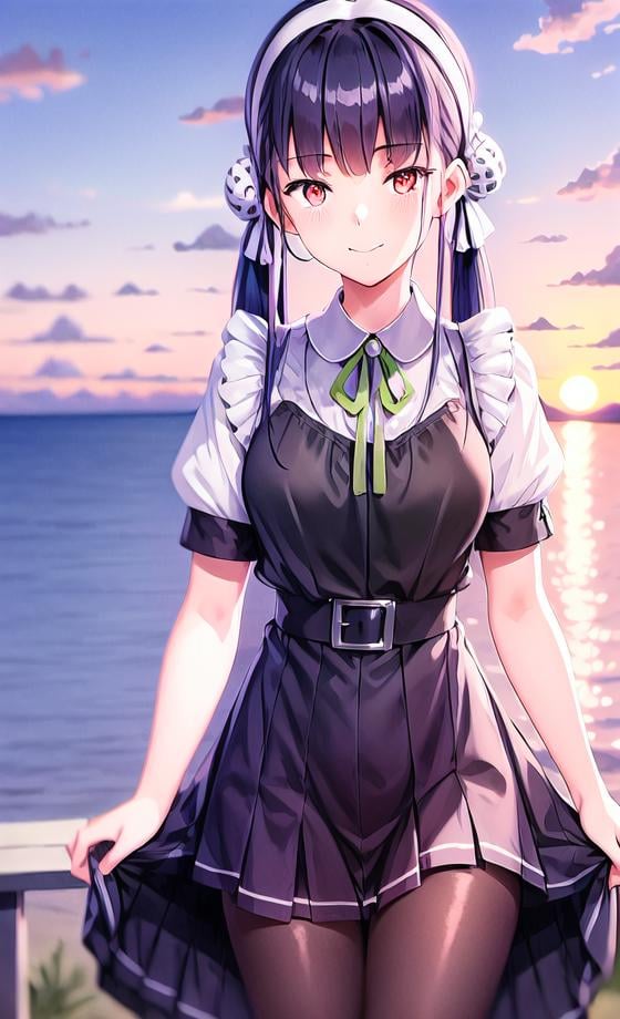 1girl, solo, twintails, long hair, red eyes, pantyhose, smile, sitting, black hair, looking at viewer, short sleeves, belt, black pantyhose, neck ribbon, green ribbon, ribbon, dress, hairband, bangs, white dress, sunset, closed mouth, very long hair, breasts, cloud, own hands together, hair ornament, hair bun