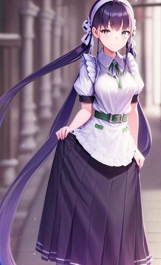 (best quality), finely detail, extremely detailed CG unity 8k, highres, finely detail, beautiful detailed eyes, weapon shop,1girl, solo, long hair, very long hair, full body, skirt, hairband, smile, twintails, shoes, looking at viewer, brown eyes, standing, purple hair, apron, short sleeves, hair ornament, long skirt, belt, own hands together, loafers, ribbon, black skirt