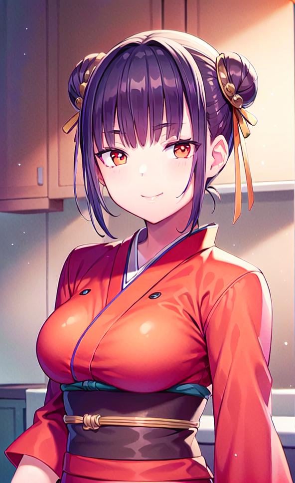 ((masterpiece)),(((best quality))), ((ultra-detailed)), ((illustration)), masterpiece, best quality, highres, {beautiful detailed eyes}, finely detail,  beautiful detailed eyes, ((kitchen)),petite,Smile1girl, (solo:1.5), (hair ribbon:0.4), ((Pink coming of age kimono)),  arms behind head,double_bun,