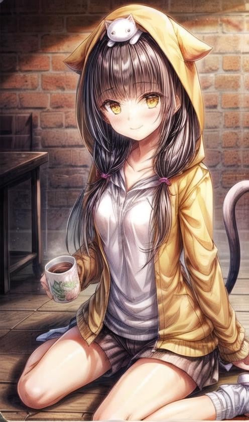 1girl, tail, cat tail, smile, cup, solo, holding, hood, socks, wooden floor, animal hood, sitting, long hair, mug, bangs, striped, animal, closed mouth, cat hood, cat, wariza, animal ears, hood up, on head, blush, long sleeves, looking at viewer, striped jacket, animal on head, cat ears, holding cup, indoors, twintails, yellow eyes, striped socks, cat girl, table, collarbone, no shoes, black hair, cat on head, shorts, low twintails, breasts, fake animal ears, jacket, hooded jacket, coffee mug, short shorts, blunt bangs, ((masterpiece)),(((best quality))), ((ultra-detailed)), ((illustration)), masterpiece, best quality, highres, {beautiful detailed eyes}, finely detail,  beautiful detailed eyes, Smile <lora:add_detail:2>