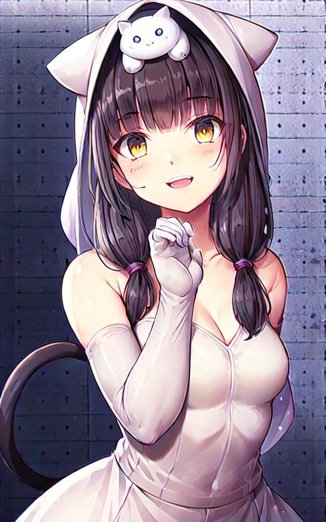 ((masterpiece)),(((best quality))), ((ultra-detailed)), ((illustration)), finely detail, extremely detailed CG unity 8k, highres, {beautiful detailed eyes}, finely detail,  beautiful detailed eyes, dungeon background,Smile1girl, (solo:1.5), ((wedding dress,bridal veil, bridal gauntlets)), cat ears,((cat on head:1.5)), cat tail, cat hood, cat girl, standing,upper body,