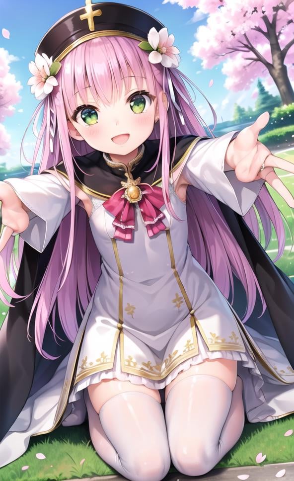 masterpiece, best quality, highres, {beautiful detailed eyes}, finely detail,  beautiful detailed eyes, petite, white_thighhighs, Cherry blossoms, outstretched arms,1girl, (solo:1.5),  (hair ribbon:0.4), green eyes,cinematic angle,perspective,church,black skirt dress, flower pattern in dress, street, kneeling&setting on floot,((wedding dress:1)),