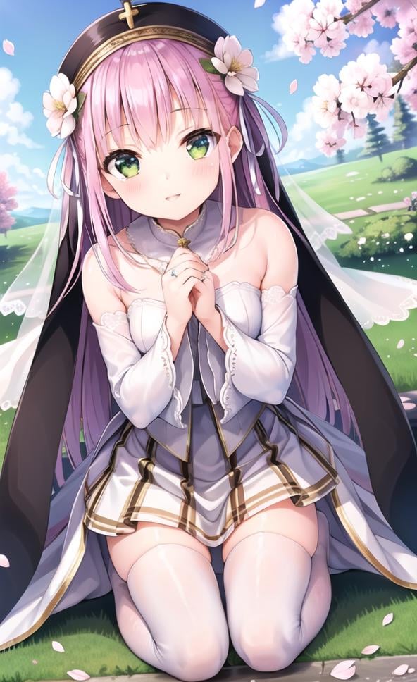 masterpiece, best quality, highres, {beautiful detailed eyes}, finely detail,  beautiful detailed eyes, petite, white_thighhighs, Cherry blossoms,1girl, (solo:1.5),  (hair ribbon:0.4), green eyes,cinematic angle,perspective,church,black skirt dress, flower pattern in dress, street, kneeling&setting on floot,((wedding dress:1)),