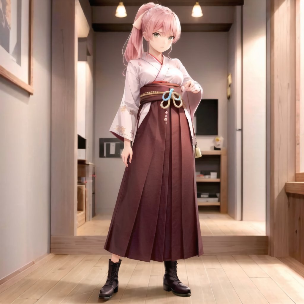 <lora:BasyamichiV6:0.6>, BMC, 1girl, solo, (yagasuri), japanese clothes, indoors, skirt, hakama, hakama skirt, realistic, kimono, holding, boots, cross-laced footwear, lace-up boots, meiji schoolgirl uniform, tasuki, ribbon, full body, hair ribbon, purple hakama, wooden floor,  <lora:washitsu:0.6> washitsu, pink hair, ponytail, standing, 