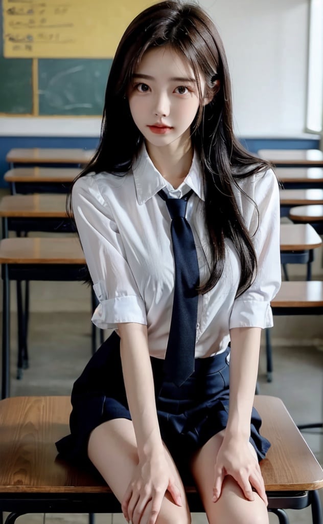 masterpiece,best quality,girl,head close-up,in classroom,JK uniform,real people,1 girl,full_body,highly detailed background, leaning forward,hand101,sit on the table