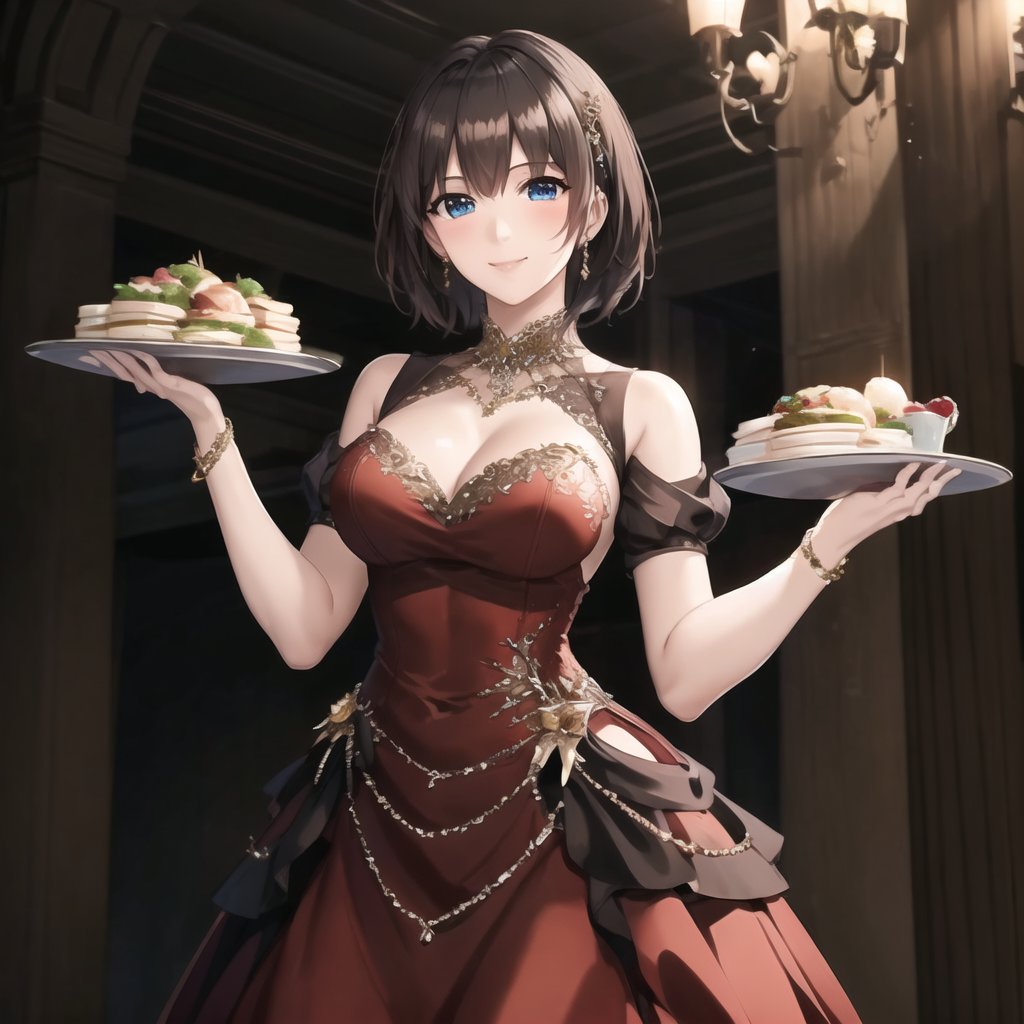 Masterpiece, absurdres, fine detail, HDR, highly detailed face and eyes, photorealistic,  ballgown, a woman in a red dress posing for a picture , wearing a ballgown, superb golden embroidery,<lora:ballgown:0.7> ,full body, short hair,false smile, banquet, table full of food