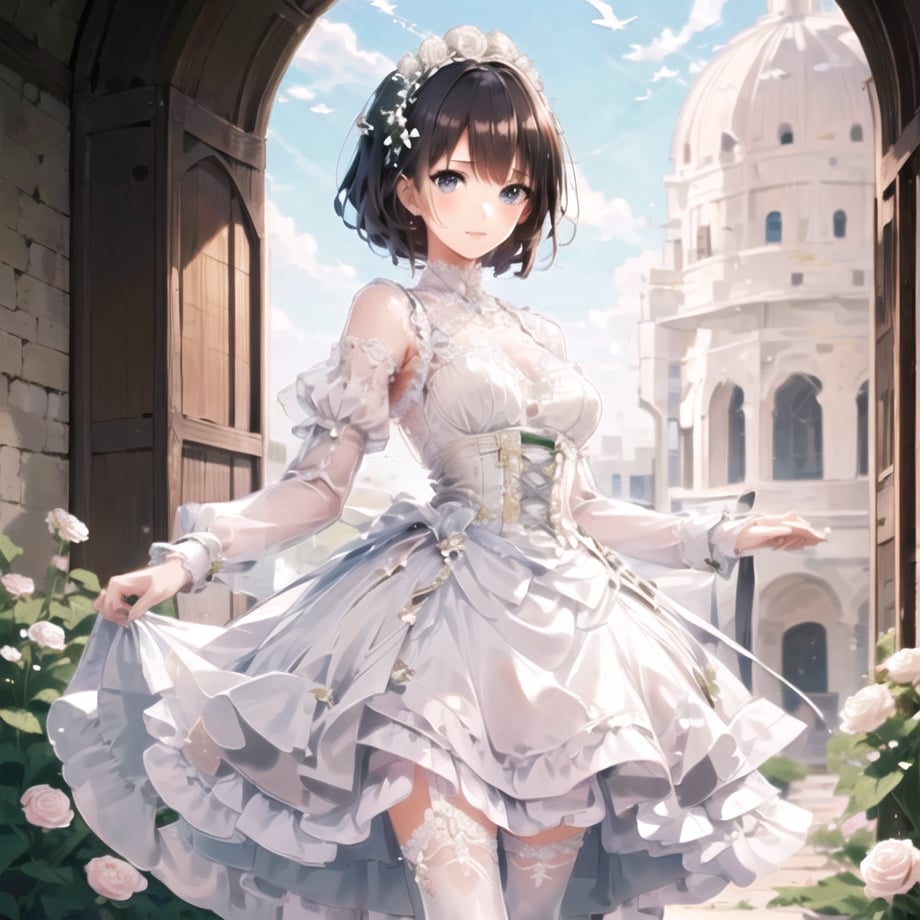 ((masterpiece)),((best quality)),(ultra-detailed),(illustration),((an extremely delicate and beautiful)),(dynamic angle), 1girl, flowers, spring, beside window, rose, detailed face, long eyelashes, flower in eye, frilled sleeves, corset, tiara, princess, brown eyes, clear sky, daylight, sunny, white and light blue dress, flowers, hair ornament, white lace-trimmed legwear, (lo classical:1.4), <lora:lo_fashions_v5:0.7> bride, classical dress, Clothes are exquisitely embroidered,