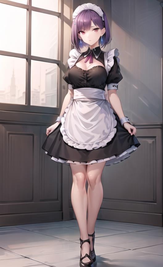 extremely detailed CG unity 8k wallpaper, realistic,1girl, solo, purple hair, short hair, red eyes, bangs,  earrings, closed mouth, breasts<lora:maid_cosplay:0.7> maid cosplay, maid , maid outplay, (full body),