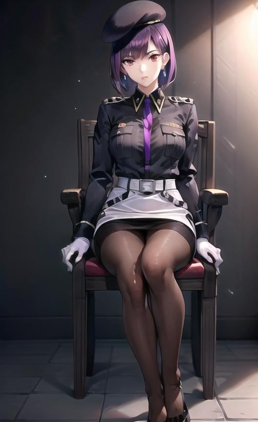 extremely detailed CG unity 8k wallpaper, realistic, hand by Guido Daniele, holographic interface,1girl, solo, pantyhose, skirt, uniform, hat, gloves, Fuchsia hair, short hair, military, full body, military uniform, looking at viewer, white gloves, red eyes, necktie, beret, white skirt, belt, standing, black footwear, jacket, pencil skirt, black pantyhose, long sleeves, purple necktie, bangs, high heels, earrings, closed mouth, breasts,on chair, chair, feet up,