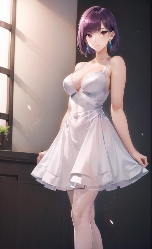 extremely detailed CG unity 8k wallpaper, realistic,1girl, solo, purple hair, short hair, red eyes, bangs,  earrings, closed mouth, breastsFull set of white lace underwear, white garters, white stockings,white high heels, 