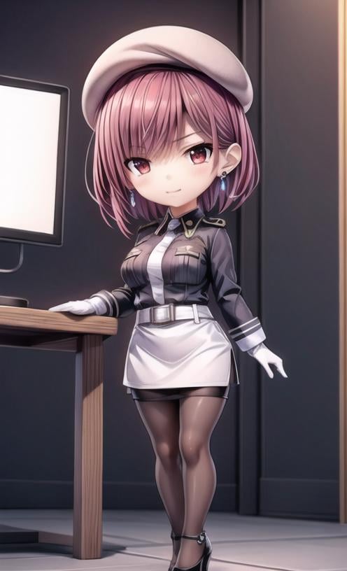 ((best quality)), ((masterpiece)), (detailed), War room, multiple screens on the wall1girl, solo, pantyhose, skirt, uniform, hat, gloves, Fuchsia hair, short hair, military, full body, military uniform, looking at viewer, white gloves, red eyes, hand on hip, necktie, beret, white skirt, white belt, standing, black footwear, jacket, white pencil skirt, black pantyhose, long sleeves, purple necktie, bangs, high heels, earrings, closed mouth, breasts,chair, standing on chair, <lora:add_detail:1>,  <lora:blindbox_v1_mix:1> full body, chibi,