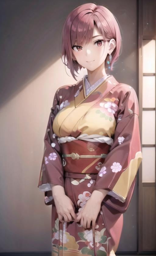 extremely detailed CG unity 8k wallpaper, realistic, seductive smile, 1girl, solo, red hair, short hair, red eyes, bangs,  earrings, closed mouth, five fingers<lora:new_hefu_:0.8>, (yellow/blue/green/white/black/red/pink kimono), (japanese clothes), (floral print), (long sleeves) , <lora:washitsu:0.6> washitsu, 