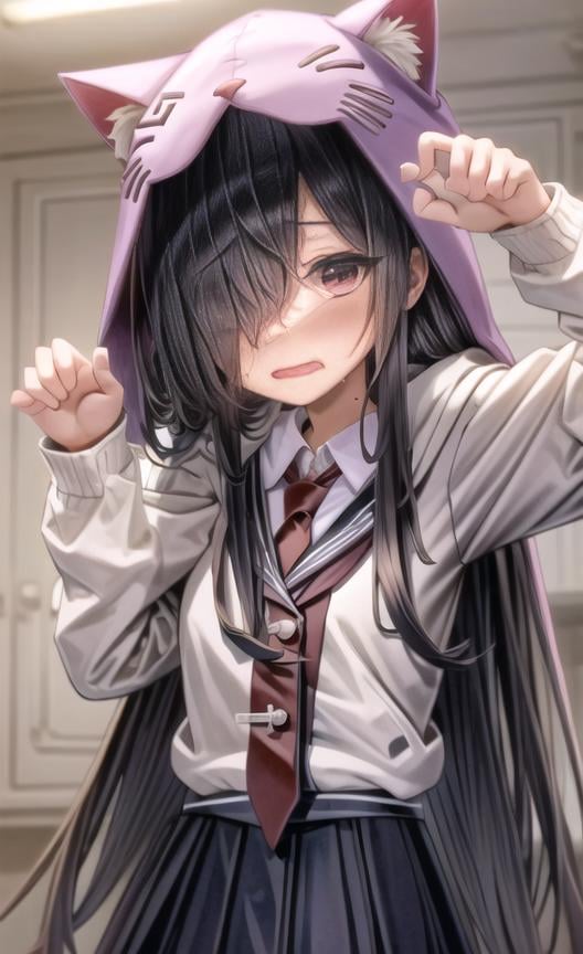 extremely detailed CG unity 8k wallpaper, realistic, laboratory,upper body,1girl, skirt, solo, pink hood,  long hair, blurry background, blurry, very long hair, shirt, hair over one eye, depth of field, pleated skirt, white jacket, collared shirt, jacket, claw pose, long sleeves, hood up, (black hair), bangs, white shirt, wavy mouth, book, hood, fang, animal hood, necktie, looking at viewer, blush, animal ears, black skirt, hooded jacket, blue skirt, open mouth, hair between eyes, purple eyes, dutch angle, fake animal ears, yellow necktie, sleeves past wrists, indoors, sweat, standing, red eyes, short and small,  cat  pose, nice hands, perfect hands,