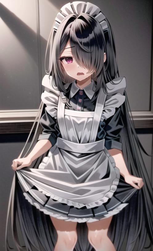 extremely detailed CG unity 8k wallpaper, realistic, research room1girl, skirt, solo, long hair,  very long hair,  hair over one eye,  black hair, bangs, wavy mouth,  looking at viewer, blush, open mouth, hair between eyes, purple eyes, red eyes, short and small, maid apron, Maid outfit<lora:st-fs_v1.1:0.5>, nice hands, perfect hands <lora:maid_cosplay:0.8> maid cosplay, maid , maid outplay,full body,  white apron,