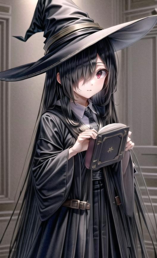 extremely detailed CG unity 8k wallpaper, realistic, Alchemy room1girl, solo, hat, long hair, red eyes, witch hat, holding, very long hair,  brown footwear, flask, bag, skirt, black hair, witch, full body, looking at viewer, shoes, book, standing, pantyhose, pleated skirt, test tube, hair over one eye, black headwear, robe, black skirt, hair between eyes, wide sleeves, closed mouth, black pantyhose, loafers, round-bottom flask, vial, long sleeves, potion, shoulder bag, stack of scrolls, short and small, flask in hand, short and small,ceiling  window,<lora:st-fs_v1.1:0.6>, nice hands, perfect hands <lora:more_details:0.5>