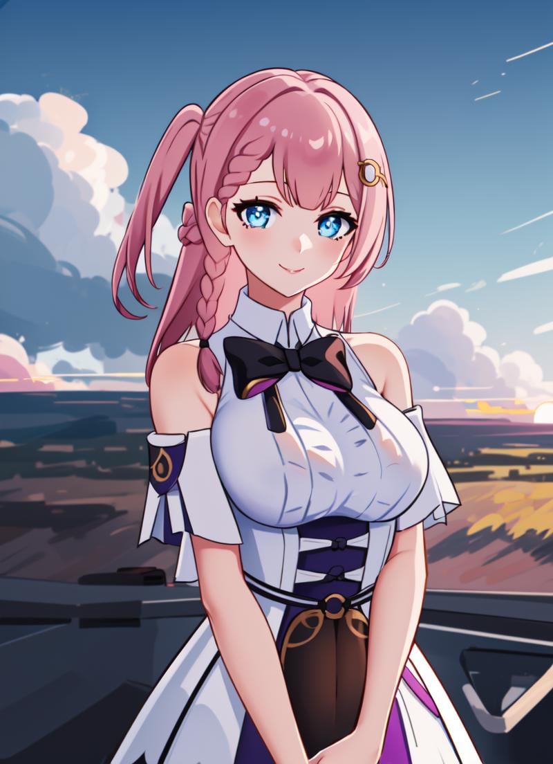 masterpiece, highres, high quality, best quality, hd, 4d, wallpaper, asta(honkai star), (((middle body))), 1girl, (((solo))), (((focus on character))), pink hair, ((blue eyes)), long hair, white shirt, purple clothes edges, character on frame, black high heels, standing, braid, medium breasts, white skirt, black bow, hair ornament, ((detailed eyes)), smile, one side up, looking at viewer, ((focus on face)), field, sunset, clouds, sky, female focus, grass, green field, ((elbow squeeze)), (((breasts squeezed together))), (((arms down))), curvy body