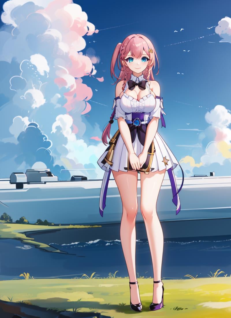 masterpiece, highres, high quality, best quality, hd, 4d, wallpaper, asta(honkai star), (((full body))), 1girl, (((solo))), (((focus on character))), pink hair, ((blue eyes)), long hair, white shirt, purple clothes edges, character on frame, black high heels, standing, braid, medium breasts, white skirt, black bow, hair ornament, ((detailed eyes)), smile, one side up, looking at viewer, ((((focus on face)))), field, sunset, clouds, sky, female focus, grass, green field, ((elbow squeeze)), (((breasts squeezed together))), (((arms down))), curvy body